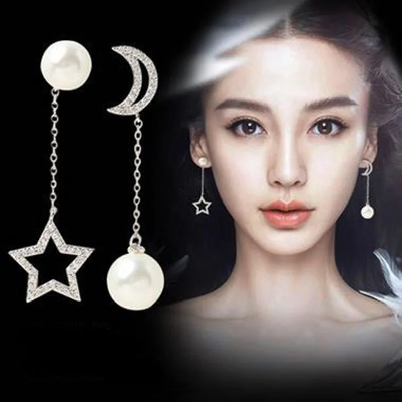Korean Vintage Accessories Full Rhinestone Asymmetric Moon Five-pointed Stars Drop Long Earrings Boucle D' Orielle Brincos E561 |