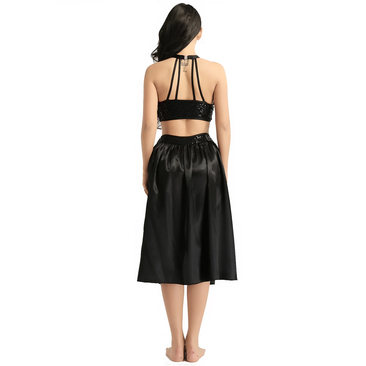 TiaoBug Women Ballet Dress Sequin Halter Crop Top with Built-In Leotard Skirt Set Adult Stage Competition Lyrical Dance Costumes