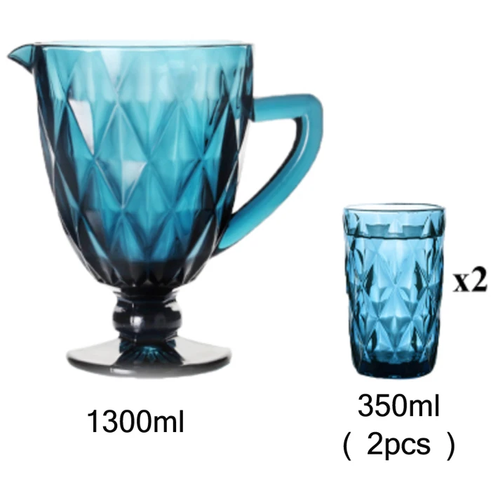 Blue Rhombus Design Европейский чайник с холодной водой, набор, креативный стеклянный бытовой чайник для молока, сока, с 2 стеклянными es, набор чайников с тиснением, 1300 мл, 350 мл, чашка - Цвет: Blue Rhombus Design