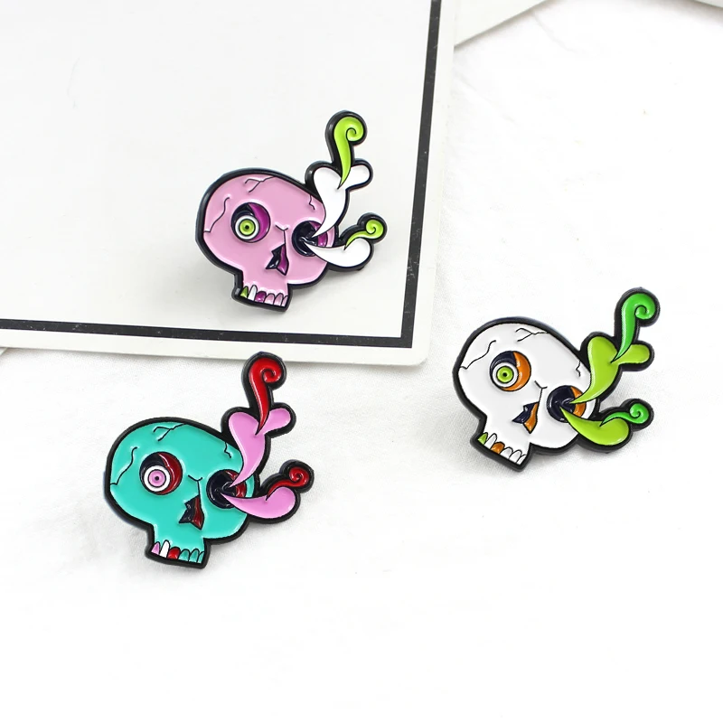 Colorful Skull Plant Metal Enamel Brooch Creative Skeleton Eye Flower Badge Pin Trendy Charming Backpack Hat Jewelry Accessories | Украшения