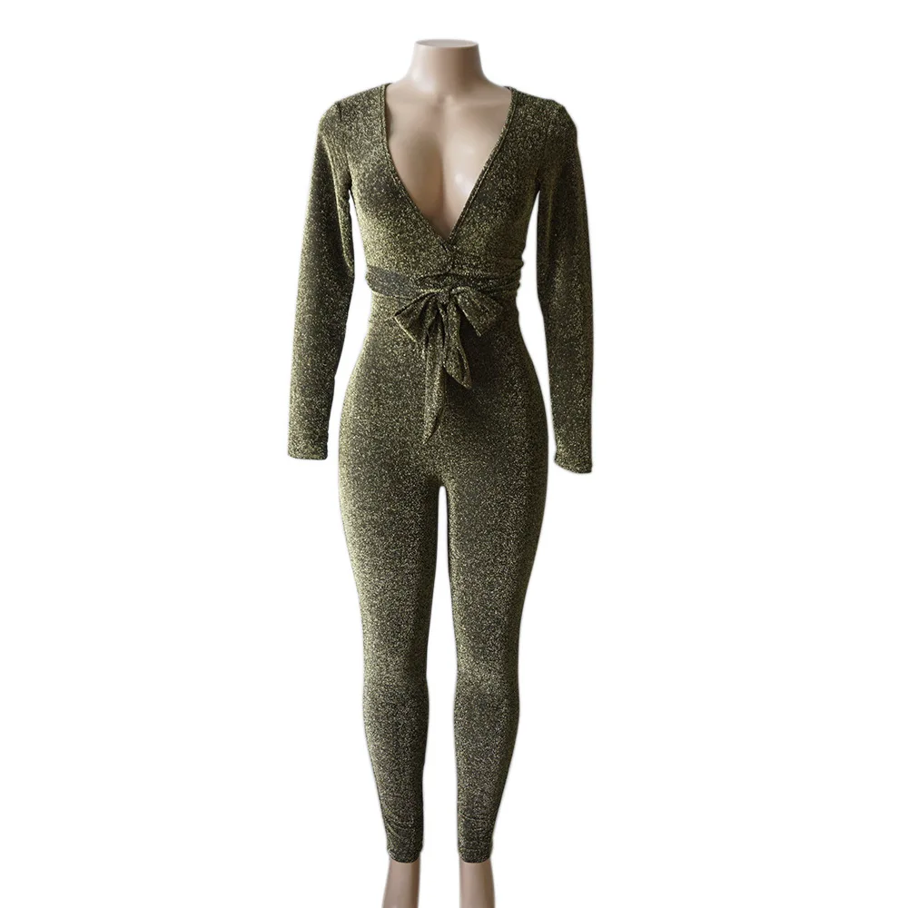 Army Green Сексуальные женские осенне-зимние комбинезоны с длинным рукавом, для ночного клуба, v-образный вырез, одноцветные бандажные Боди, Комбинезоны - Цвет: Army Green