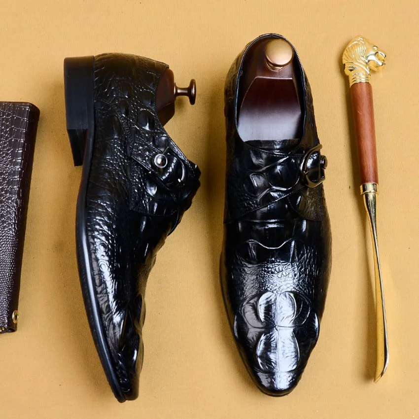 

Alligator Pattern Genuine Leather Formal Dress Man Monk Strap Shoes Pointed Toe Handmade Men's Wedding Party Footwear AS166