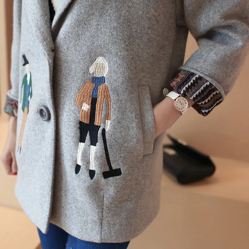 

2019 New Autumn Winter Women Coats Fashion Female Woolen Jackets Slim Embroidery Outwear Grey Cashmere Women's Overcoat Elegant