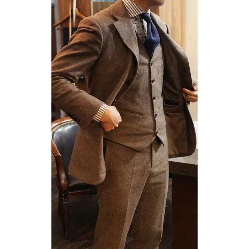 

2018 Vintage Brown Men's Suits Wool Tweed 3PCS Tuxedos 38 40 42 46 48+ Custom