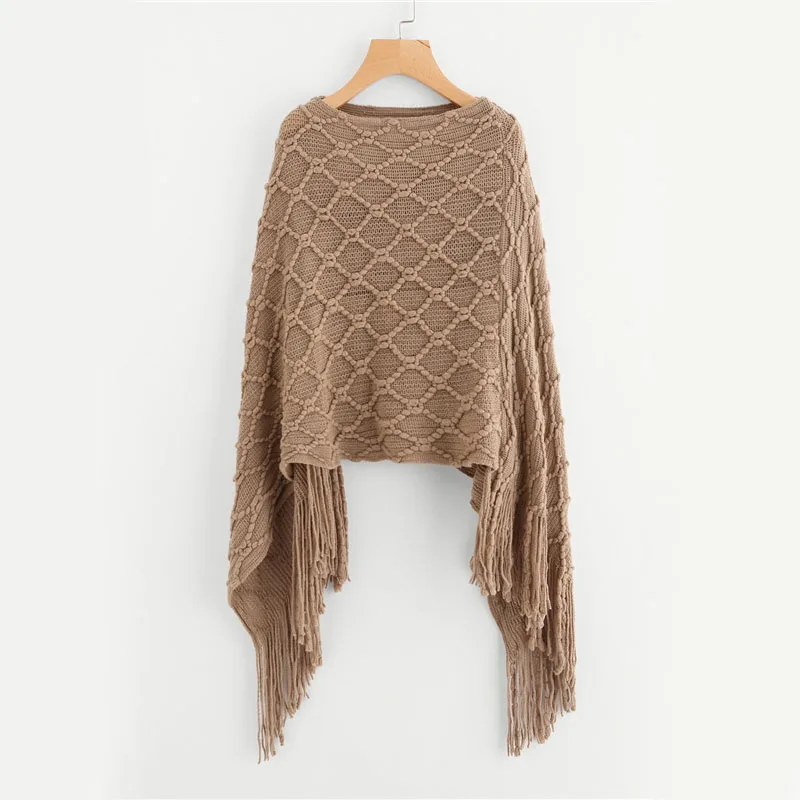 COLROVIE Fringe негабаритный хаки свитер винтажное Boho пончо Осень мода Женская Повседневная накидка с кисточками лодочка шеи весенний свободный свитер