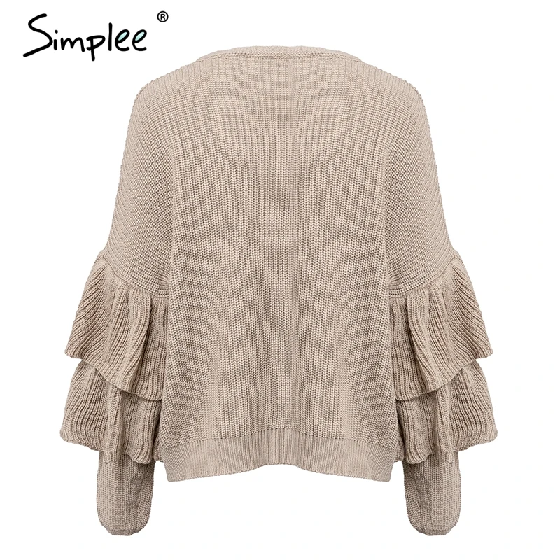 Simplee Ruffles khaki women cardigan Casual long sleeve fashion female sweater 2018 Autumn winter sexy jumper outwear | - Фото №1