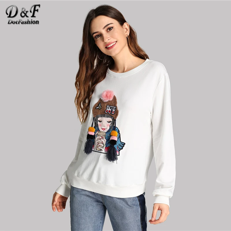 Dotfashion, белый пуловер с кисточками и рисунком, Повседневный пуловер из искусственного меха с помпонами, толстовки с длинными рукавами для женщин, осенний минималистичный Топ