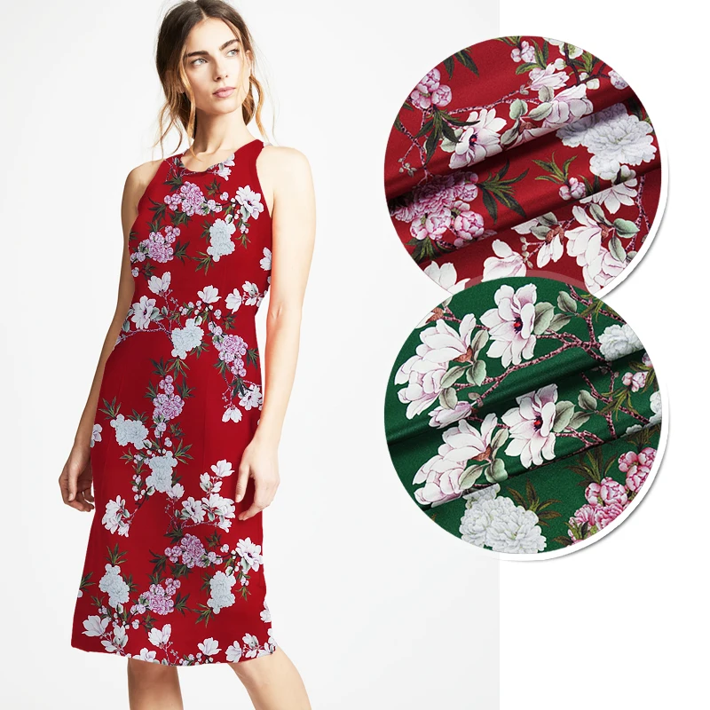 

118CM Wide 19MM Pink White Floral Print Stretch Red Green Silk Satin Fabric Good for Summer Dress Skirt Shirt Pants JH093