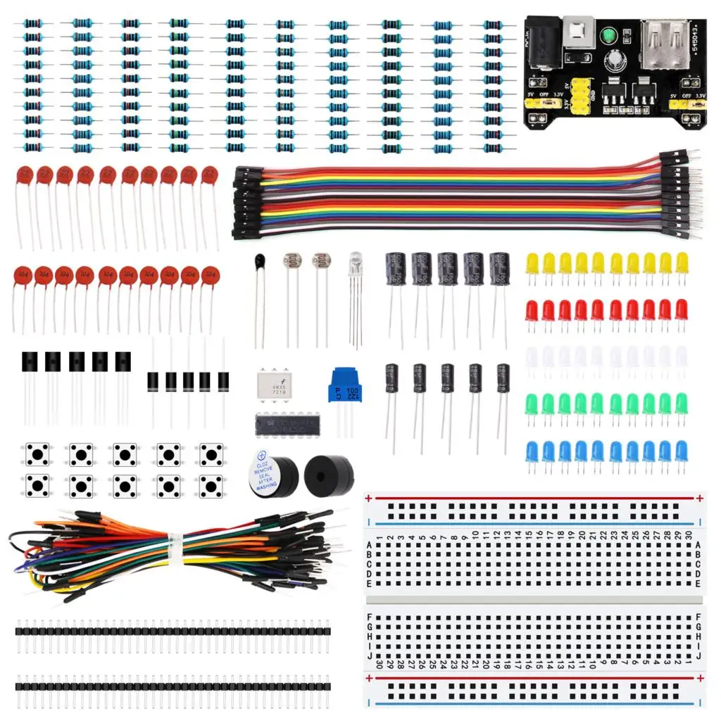 

Electronics Component Basic Starter Kit with Breadboard Cable Resistor, Capacitor, LED, Potentiometer for Arduino