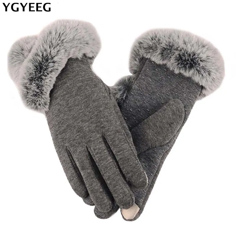 

Зимние теплые женские перчатки YGYEEG 2019, Женские однотонные варежки, модные перчатки с искусственным кроличьим мехом на запястье, вязаные пер...