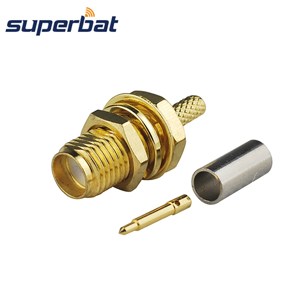 Superbat RP-SMA Crimp Female(male pin) Bulkhead Connector for RG174,RG188A, LMR100,RG316 Cable Goldplated