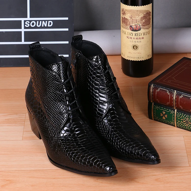 Черные Botines Hombre; кожаные военные ботинки из змеиной кожи; ковбойские ботинки на высоком каблуке со шнуровкой и острым носком; модельные мужские свадебные туфли