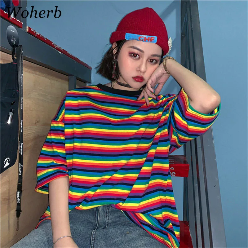 Woherb 2019 летняя японская полосатая футболка Harajuku Женская Повседневная с радугой