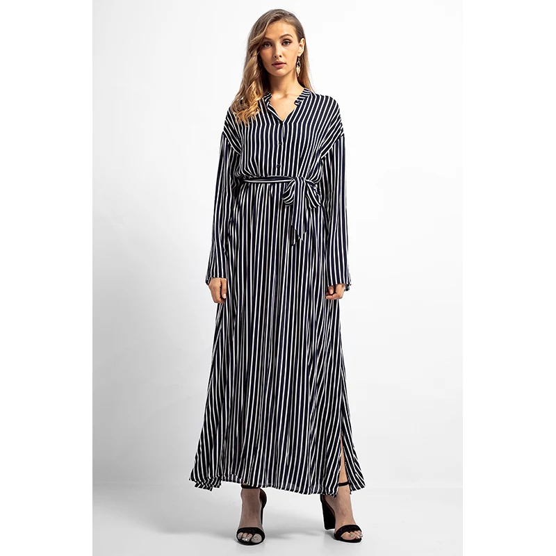 Женское платье-рубашка Abaya длинное платье в полоску с длинным рукавом для