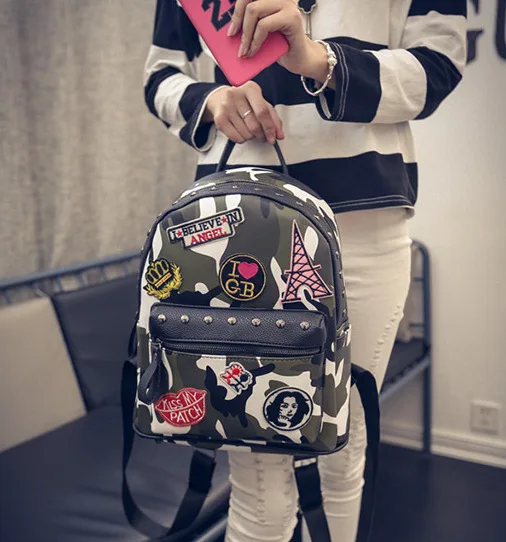 2016 Новый дизайн сезона Для женщин рюкзак камуфляж заклепки dubble сумка Мода