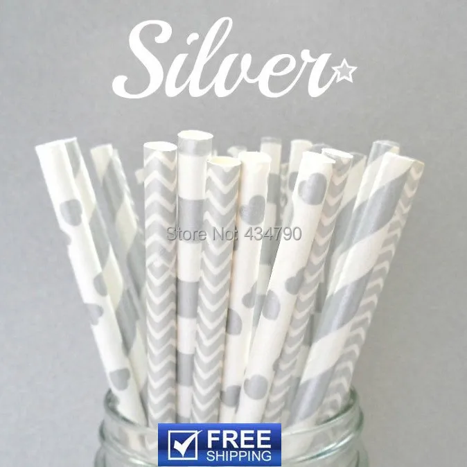 

150pcs Mixed 6 Designs Silver Paper Straws Bulk, Striped, Polka Dot, Star, Sailor Stripe, Chevron, Wedding, Christmas