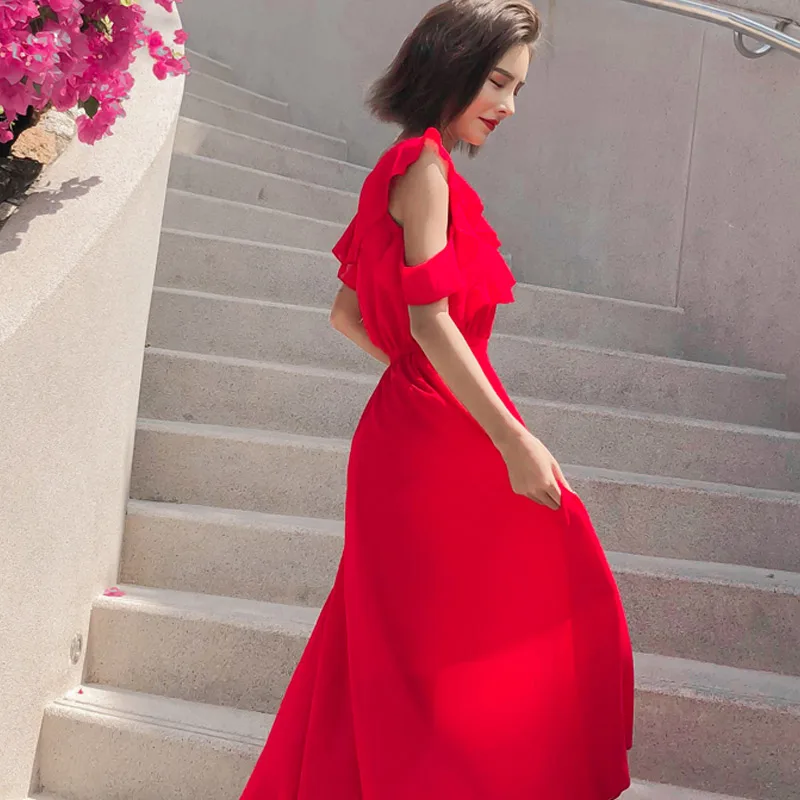 Summe Women Dress 2019 Sexy Bodycon Elegant Boho Maxi Vintage off shoulder v neck beach Casual Club party night Long Red | Женская