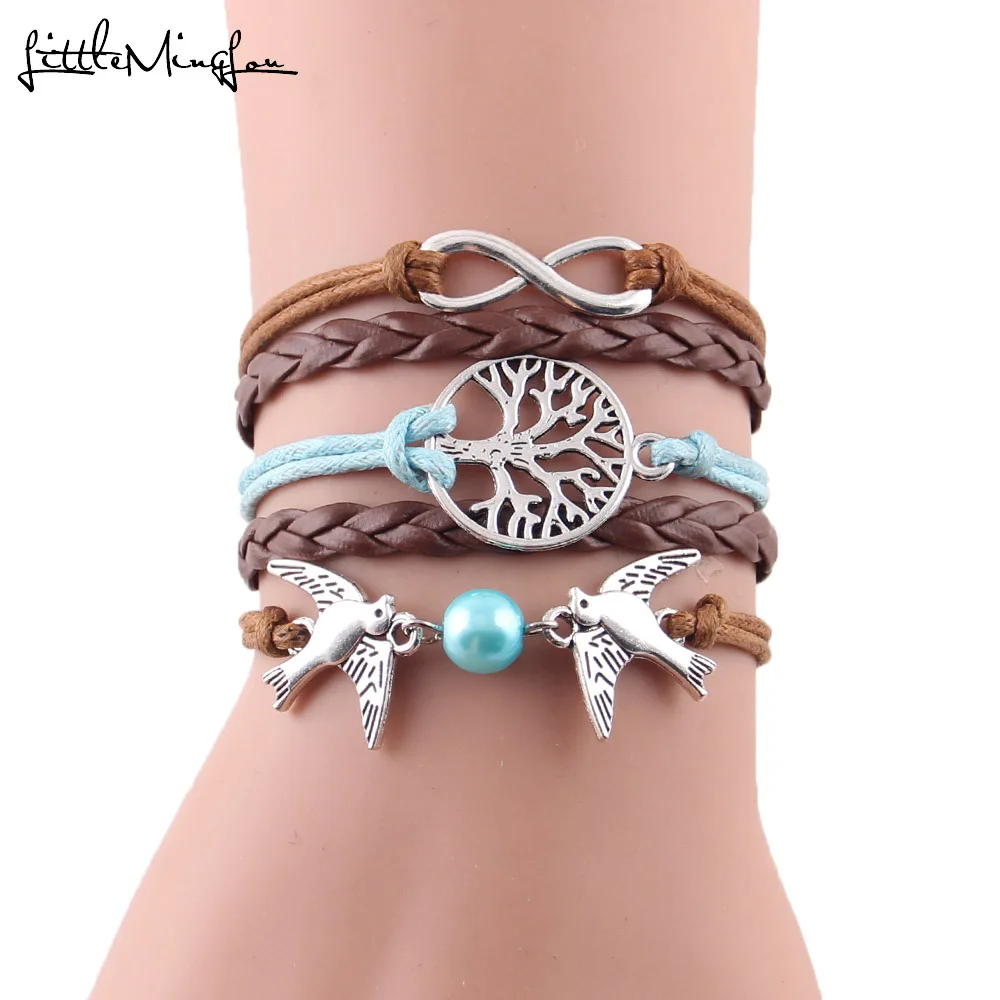 

Fashion Infinity Tree Flying Birds Charm Imitation Pearl Leather Braid Women Wrap Bracelet Bracelets & Bangles For Women Jewelry
