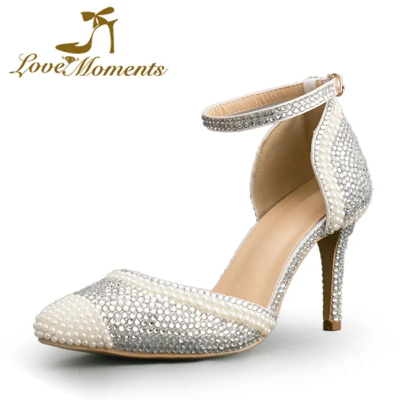 Женские туфли на высоком каблуке 8 см с острым носком и жемчугом|rhinestone wedding shoes|white