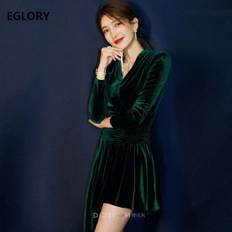 High Quality Velour Dress 2019 Spring Autumn Style Women V-Neck Diamond Beading Long Sleeve Asymmetrical Sexy Party Club Dresses | Женская
