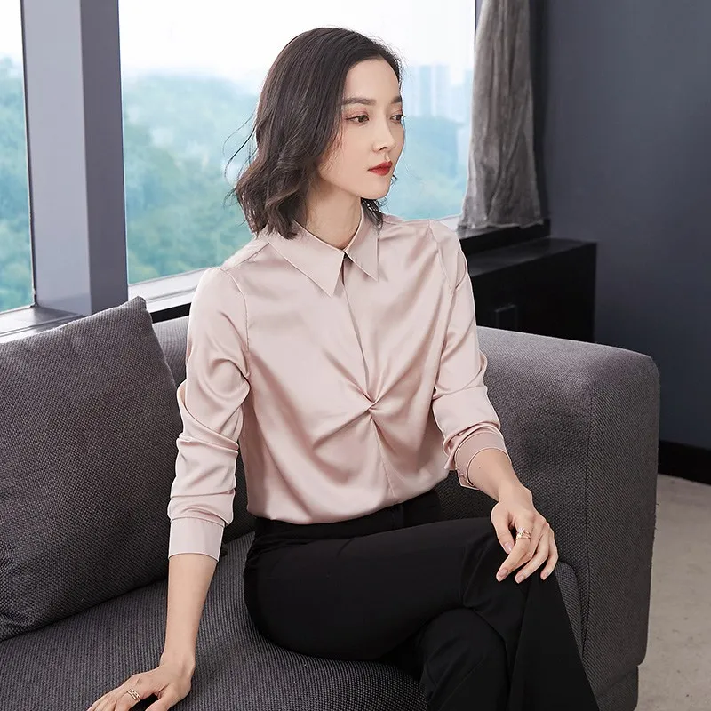 Fashion Women spring summer Turn-down Collar casual Tops Long Sleeve loose Solid Color Satin blouse office lady Basic Shirt