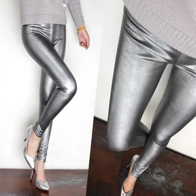 Silver Утепленные зимние PU кожаные штаны Для женщин Высокая Талия Карандаш Тощий Серебряный Леггинсы для женщин женские Брюки для девочек капри плюс Размеры S-3XL D179 - Цвет: Silver