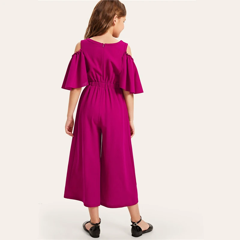 SHEIN/детский однотонный повседневный комбинезон с открытыми плечами и пуговицами сбоку для девочек; коллекция года; сезон лето; свободные длинные Комбинезоны на молнии с рукавами-воланами
