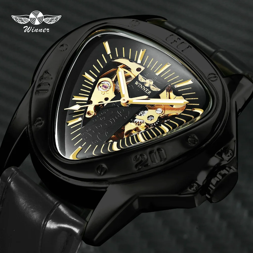 Победитель Мода Спорт механические часы для мужчин кожаный ремешок треугольники