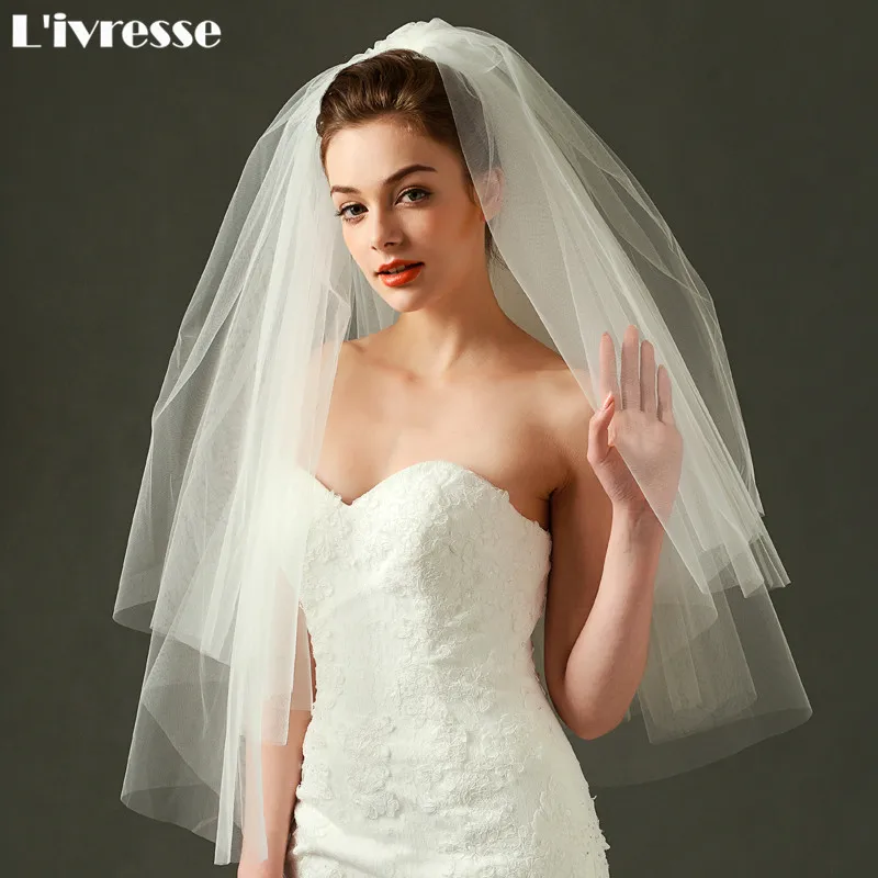 2 слоя Короткая Свадебная вуаль гребень обрезанная кромка Velos De Novia 2017 Аксессуар