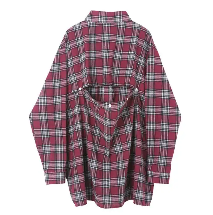 

fashion punk loose shirt men long sleeve shirt teenage korean Hollow Red plaid shirt mens personality stage singer dance M - 2xl