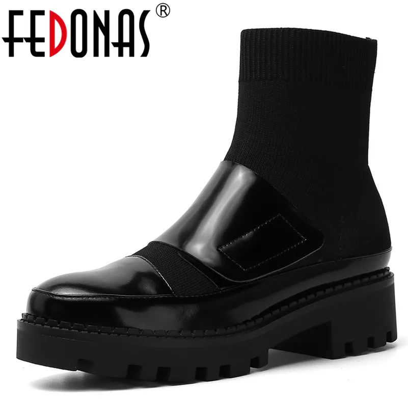 Женские вязаные ботинки FEDONAS зимние из натуральной кожи на платформе без