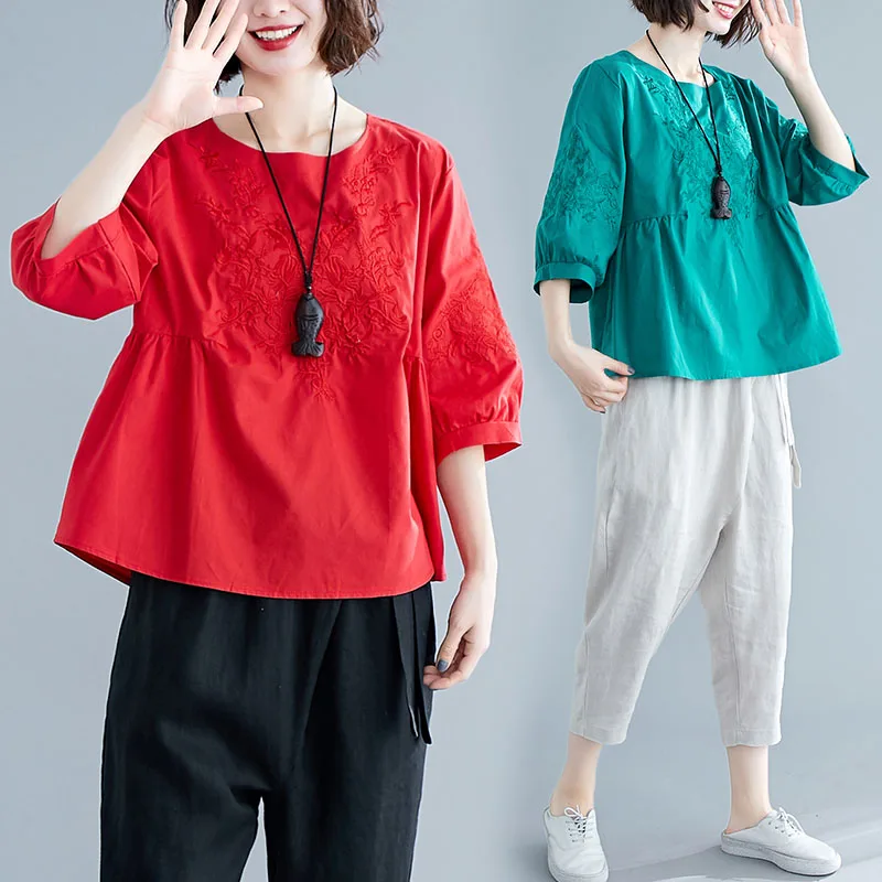 Solid Brief Embroidery Women Shirt Blouse Half Lantern Sleeve Casual Ethnic Retro Summer Tops Femme Clothes Cotton Linen Blusas | Женская