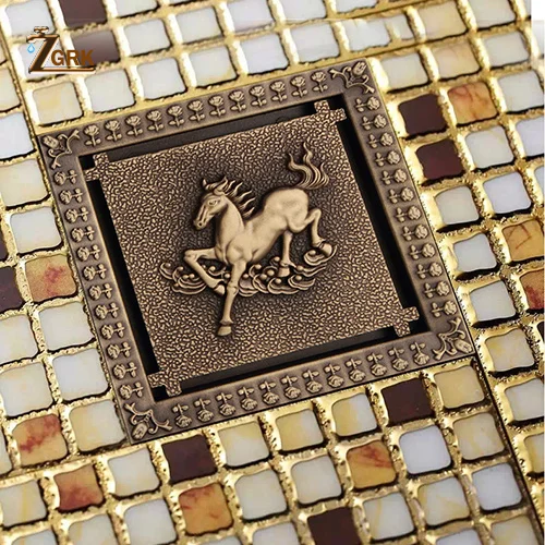 Horse ZGRK Слив для душа 12X12 см, Античный Твердый латунный трап, крышка, фильтр для ванной комнаты, аксессуары для ванной комнаты, художественные резные квадратные стоки - Цвет: Horse