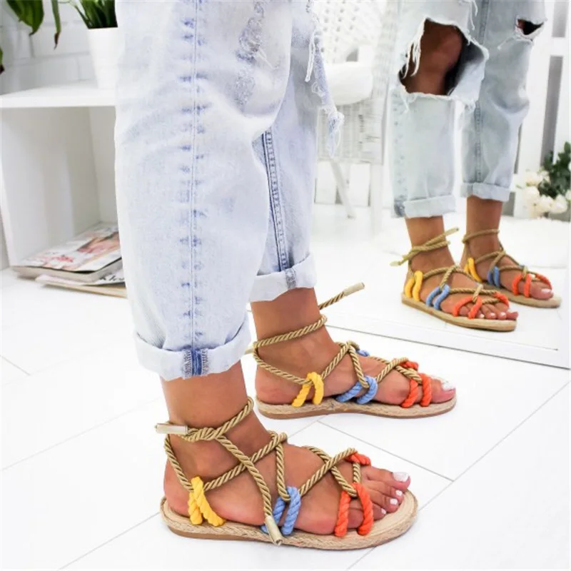 Женские сандалии на плоской подошве гладиаторы шнурках пляжная обувь большие