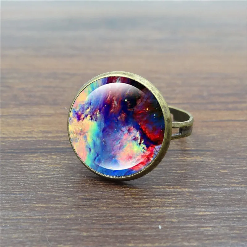 Vintage female ring Galaxy Space Glass Cabochon Fashion Jewelry Ancient bronze Adjustable Rings for Women Gifts | Украшения и