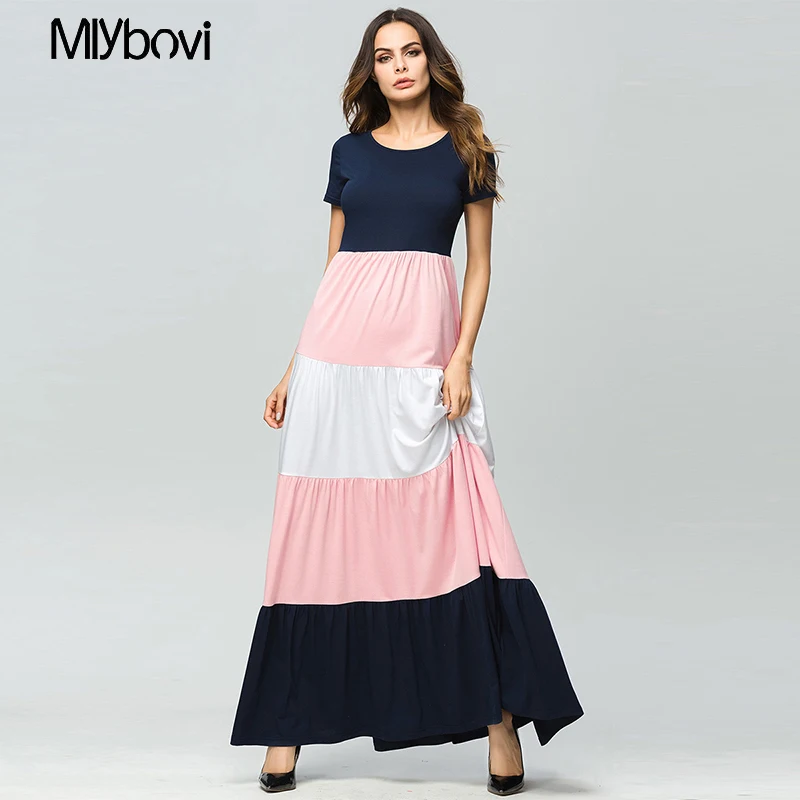 Лоскутные stripes Розовый Макси платья Женский Весна 2018 с коротким рукавом мода