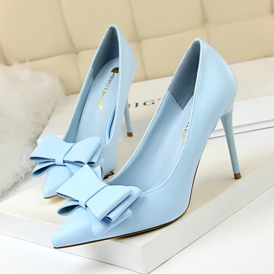 

cute bow women high heels pumps Ladies shoes 2018 sexy pointed toe 10cm thin heels 7 colors wedding shoes woman plus size 34-43