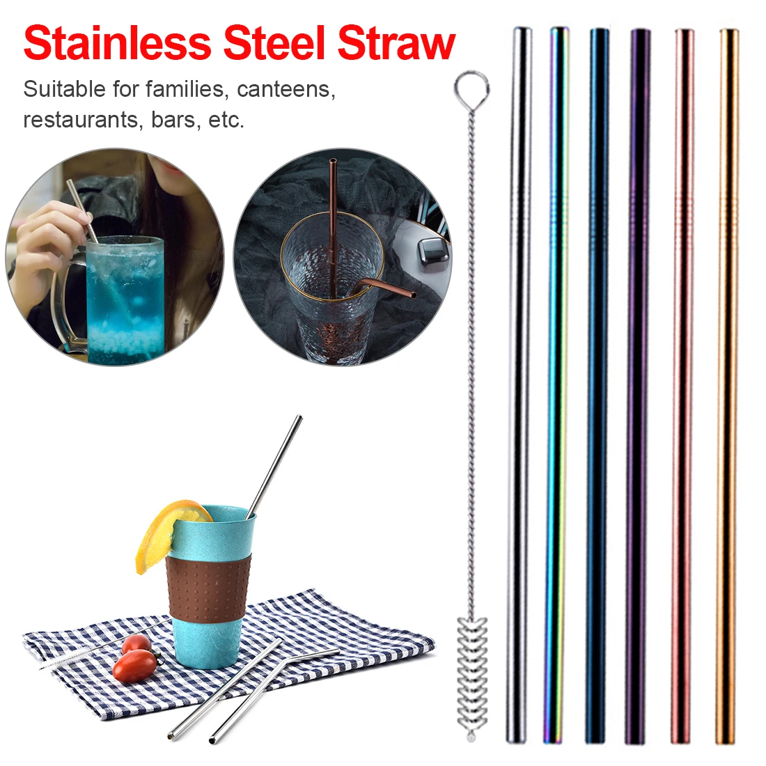

Colorful Stainless Steel Straw Reusable Metal Drinking Straw With Cleaner Brush Kit For Home Party Barware Bar
