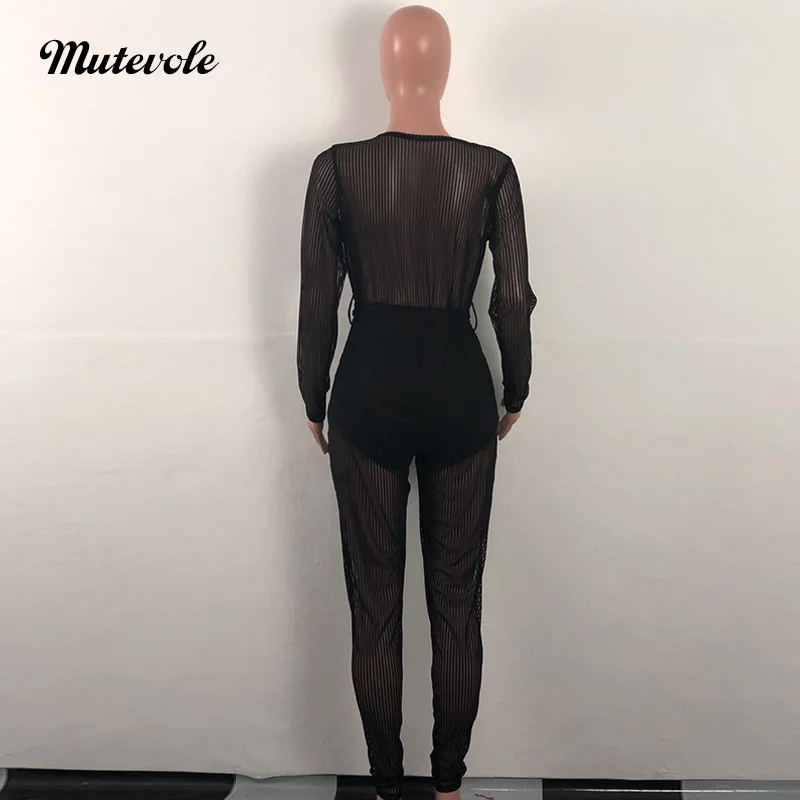 Mutevole Long Sleeve See Through Jumpsuit Women Deep V Neck Sexy Black Mesh Ribbed Transparent Elegant Party Jumpsuits Женская одежда