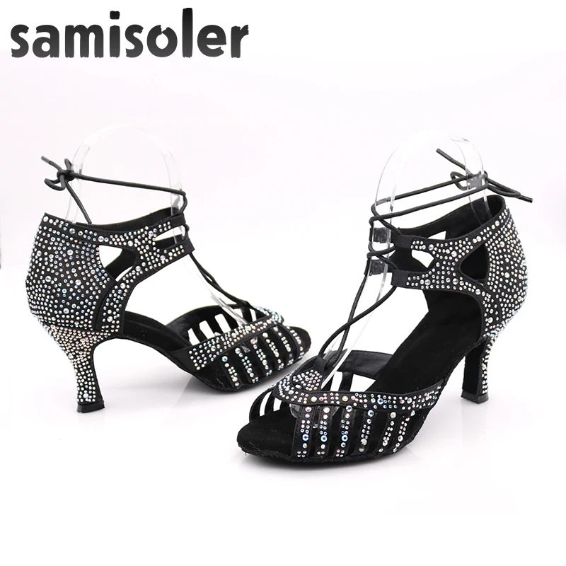 Samisoler Latin dance shoes zapatos de baile latino mujer	 shining Bronze Skin Black satin Women Salsa party Ballroom shoes