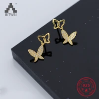 hot sale 925 sterling silver cute sweet fashion butterfly zircon golden luxury stud earrings jewelry for women
