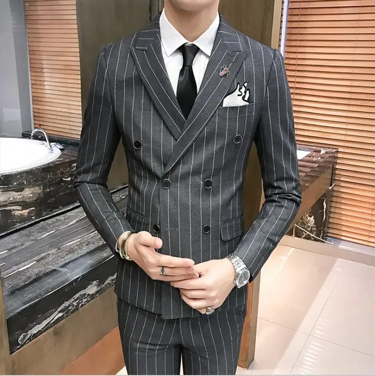 Мужская Свадебная вечеринка костюмы двубортное пальто в полоску Человек платье