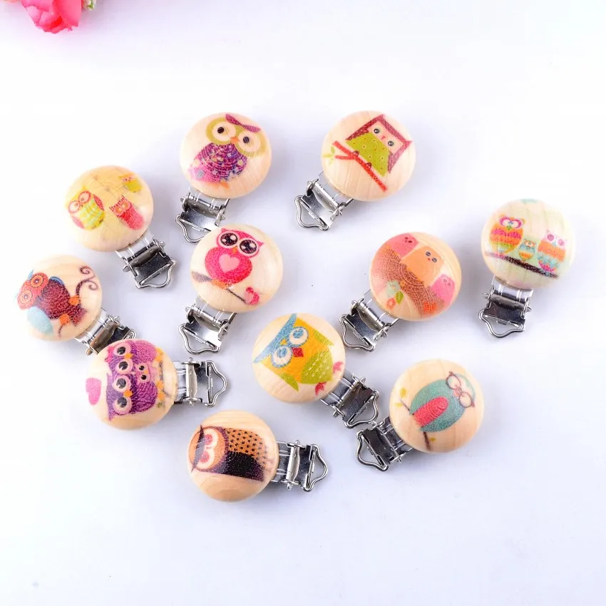 

5PCs Baby Pacifier Clips Mixed Pattern Owl Natural Wood Metal Holders Cute Infant Soother Clasps Funny Accessories 4.4x2.9cm