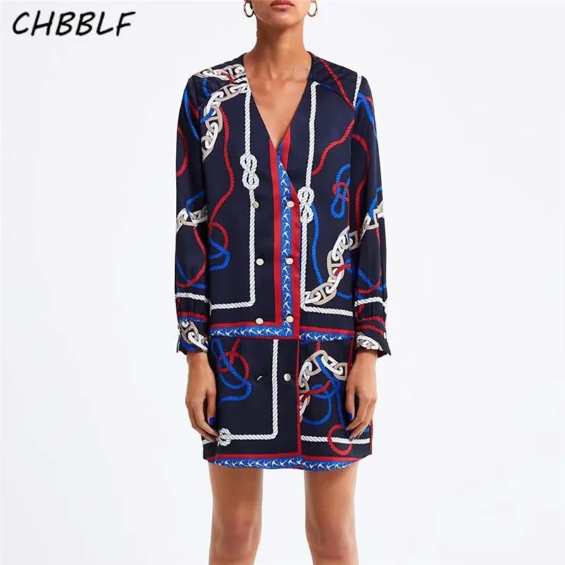 CHBBLF women chic print dress V neck long sleeve female casual mini dresses double breasted straight vestido XDN8736 | Женская одежда