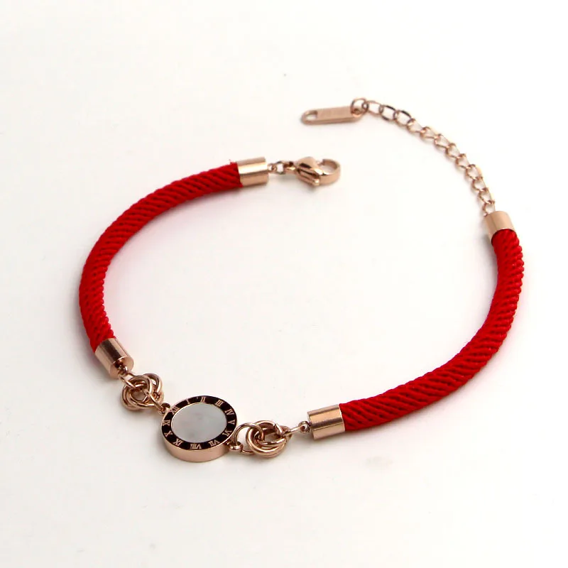 

Red Rope Titanium Steel Shell Round Charm Plate with Roman numerals Bracelet , woman LOVE bracelets, great gift for girl