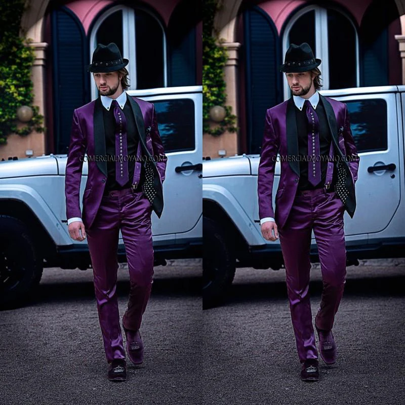 

2018 итальянский мужской костюм, фиолетовая куртка с черным воротником, свадебные смокинги, пиджак + брюки, деловые костюмы, мужские костюмы д...