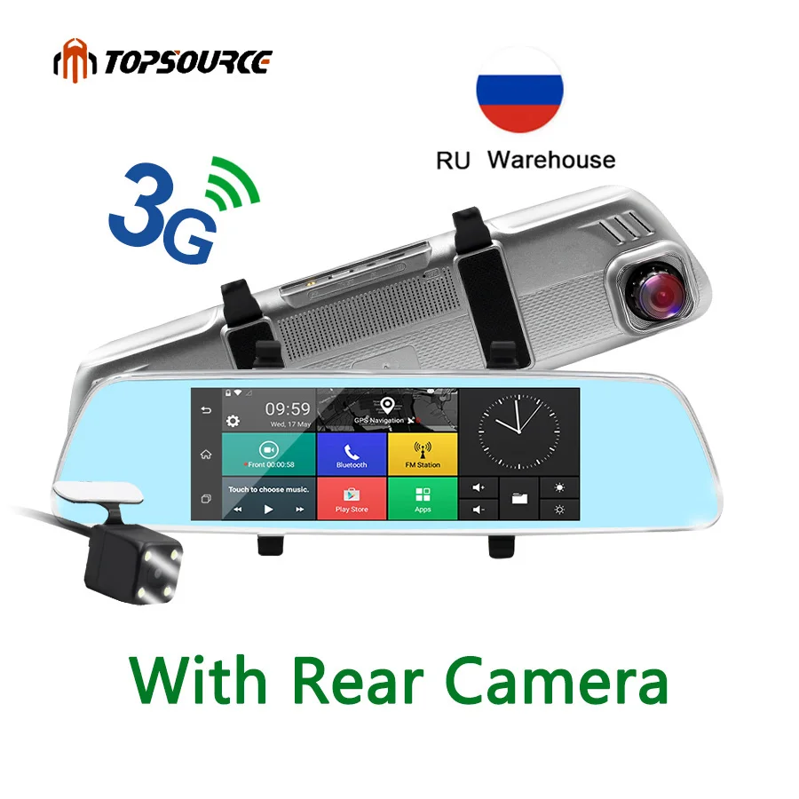 TOPSOURCE 7 &quot3G Автомобильный mirror GPS камера DVR WCDMA Android 5 0 Bluetooth FM WIFI двойной объектив