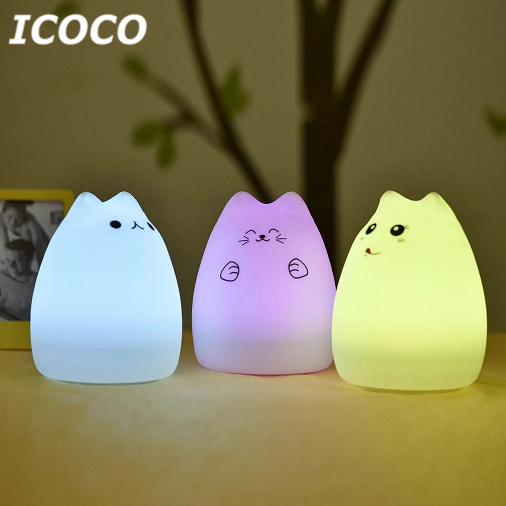 ICOCO 7 цветов сменная Милая мультяшная кошка из мягкого силикона Ночник подарок