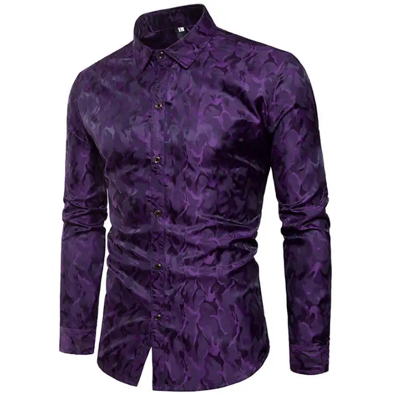 CS51 purple Мужская шелковая атласная рубашка, модная рубашка с длинными рукавами и воротником в виде ласточки, мужские вечерние рубашки для ночного клуба, свадьбы, повседневные рубашки Chemise Homme - Цвет: CS51 purple