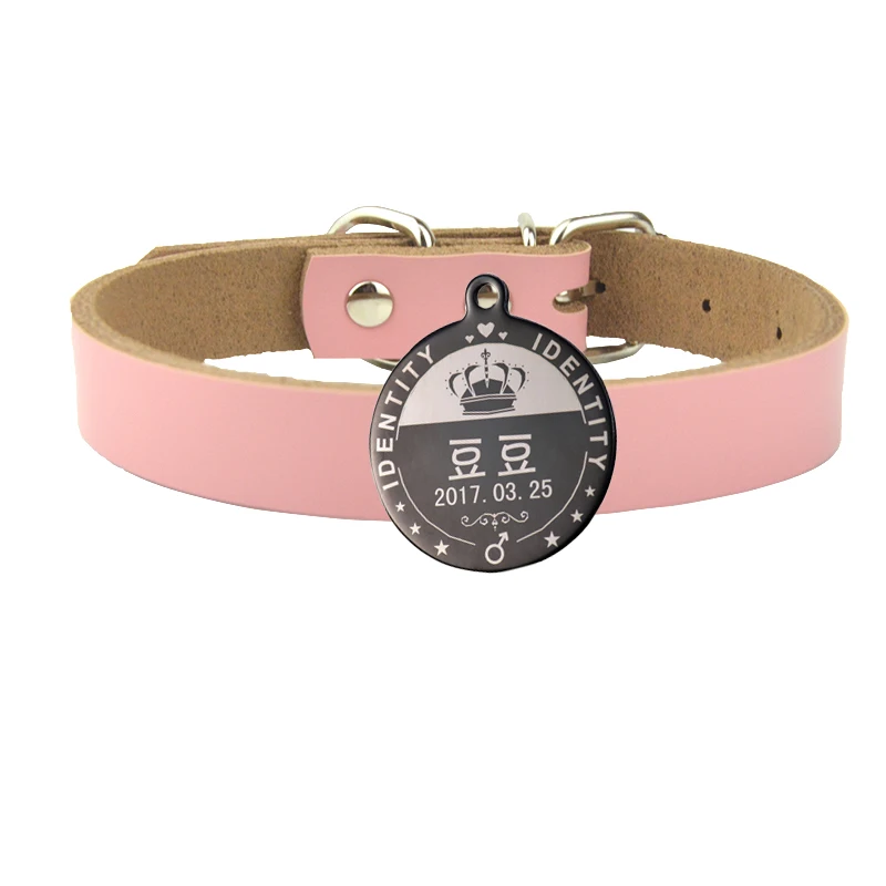 Pink Collar Round Высококачественный ошейник для собак из натуральной кожи, Маленький Средний ошейник для собак, индивидуальный воротник для собак - Цвет: Pink Collar Round